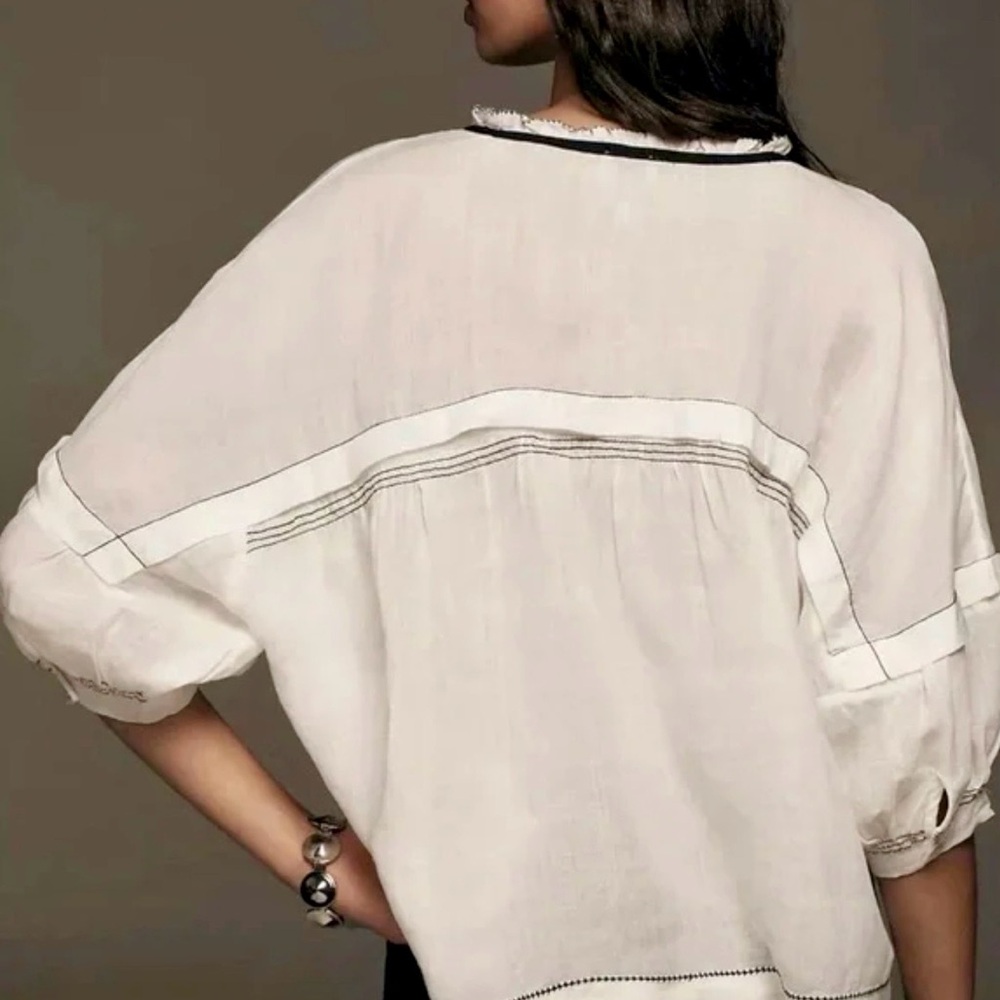 Maeve White Linen Tunic with Black Trim/Stitching XL - Picture 3 of 12